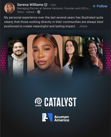 Serena Williams highlighting Reckitt Catalyst and Acumen America cohort